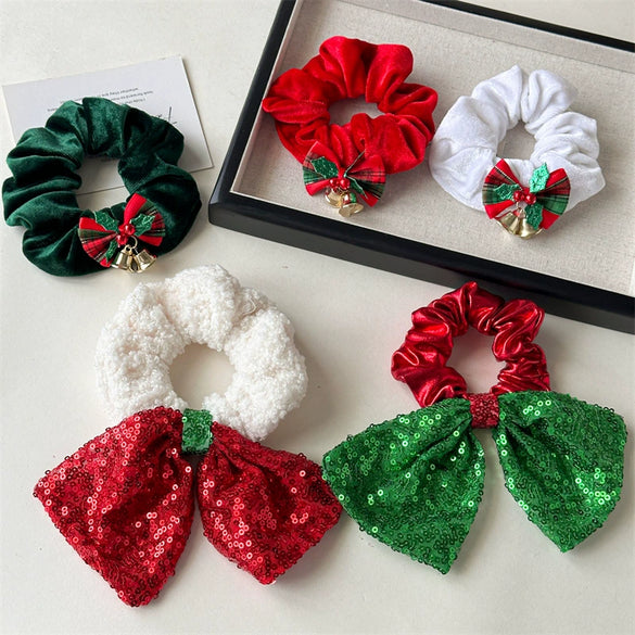 Hair Ring Hair Accessories Christmas Bell Bow Bowknot Sequins Handmade Fabric High Elasticity