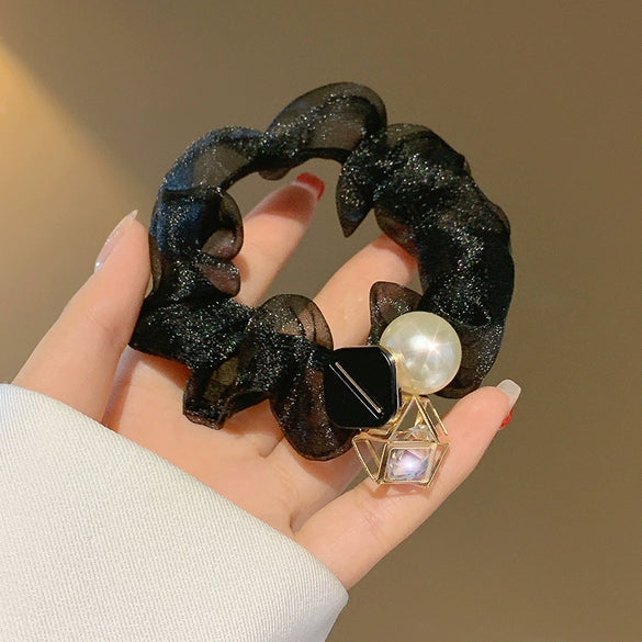 Hair Ring Hair Rope Headdress Mixed Material Geometric Handmade Pearl Hollow Water Drill High Elastic