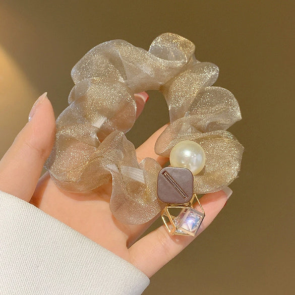 Hair Ring Hair Rope Headdress Mixed Material Geometric Handmade Pearl Hollow Water Drill High Elastic