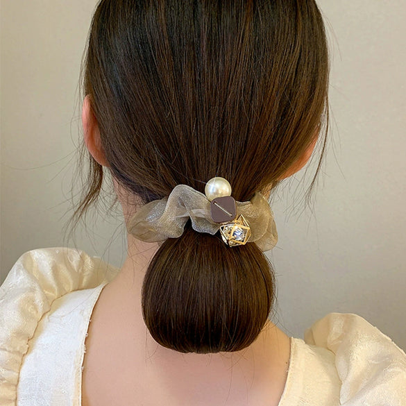 Hair Ring Hair Rope Headdress Mixed Material Geometric Handmade Pearl Hollow Water Drill High Elastic