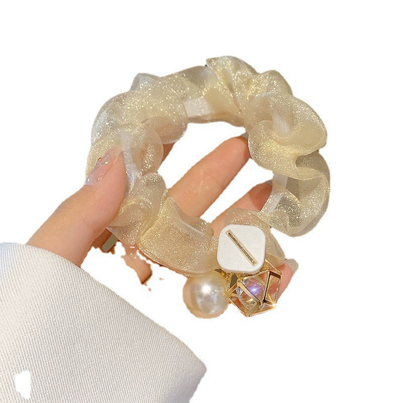 Hair Ring Hair Rope Headdress Mixed Material Geometric Handmade Pearl Hollow Water Drill High Elastic
