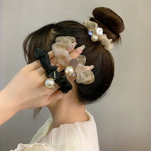 Hair Ring Hair Rope Headdress Mixed Material Geometric Handmade Pearl Hollow Water Drill High Elastic