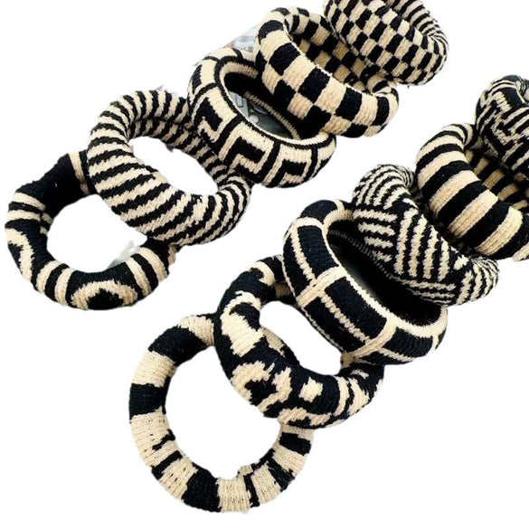 Hair Ring Nylon Bold Style Black And White Chess Pattern Knitting