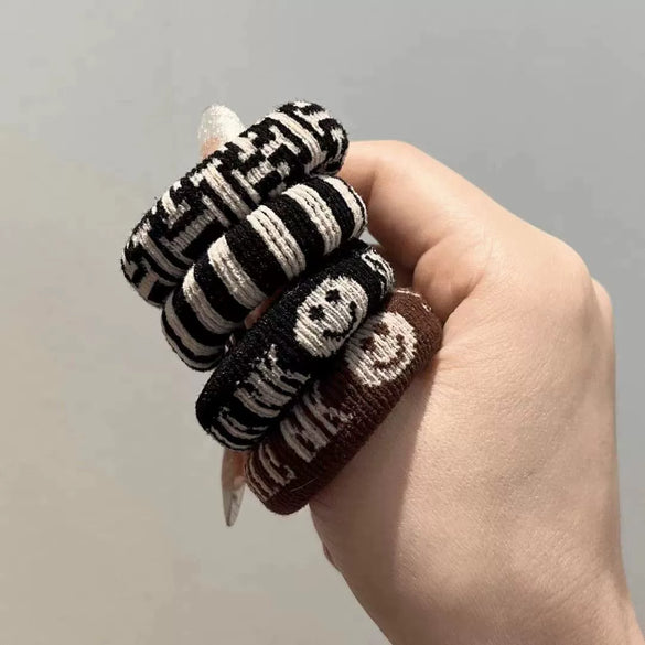 Hair Ring Nylon Bold Style Black And White Chess Pattern Knitting