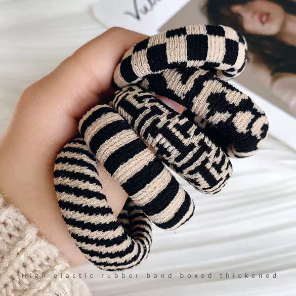 Hair Ring Nylon Bold Style Black And White Chess Pattern Knitting