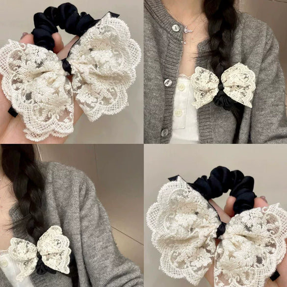 Hair Rope Fabric Handmade Sweet Bow Vintage Embroidered Fashion