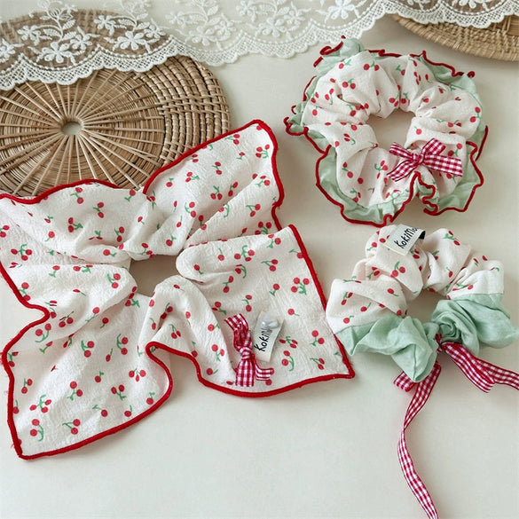 Hair Tie Fabric Sweet Cherry Bow Handmade High Elasticity