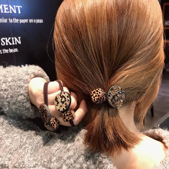 Hair Tie Rubber Band Rhinestone Handmade Leopard Print High Elastic Women's Hair Accessories