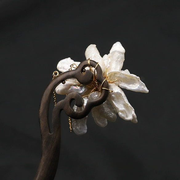 Hairpin Natural Pearl Wooden Ebony Antique Flowers Handmade