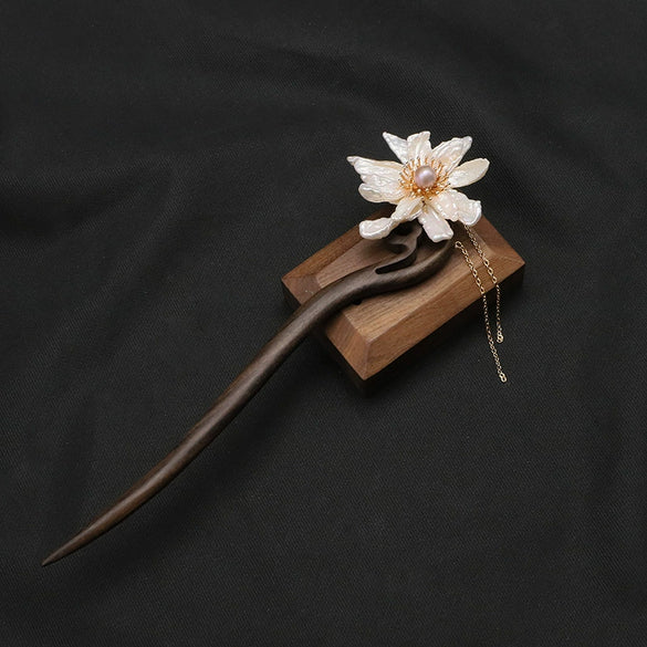 Hairpin Natural Pearl Wooden Ebony Antique Flowers Handmade