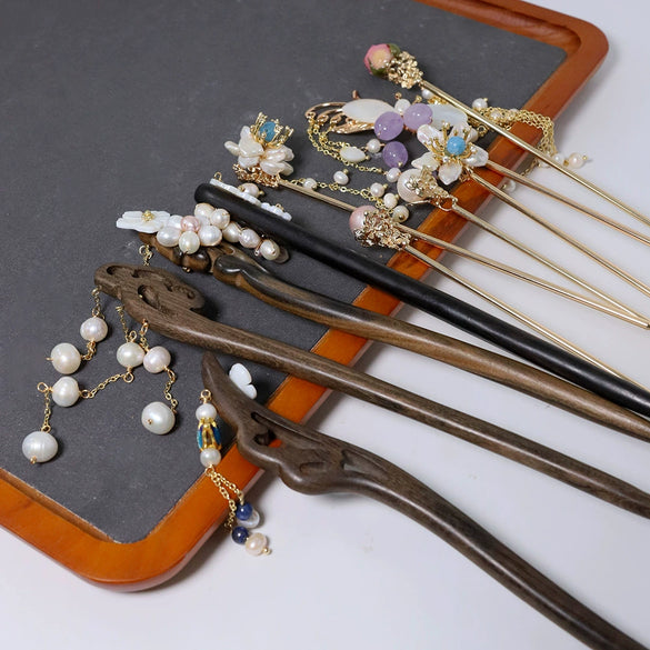 Hairpin Sandalwood Pearl Geometric Retro Handmade