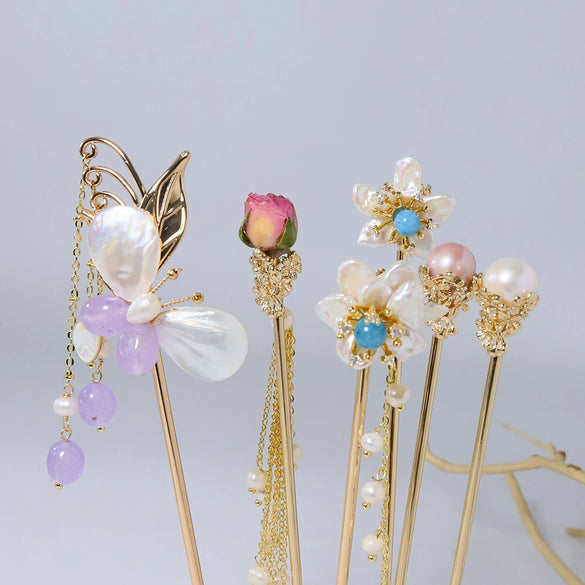 Hairpin Sandalwood Pearl Geometric Retro Handmade