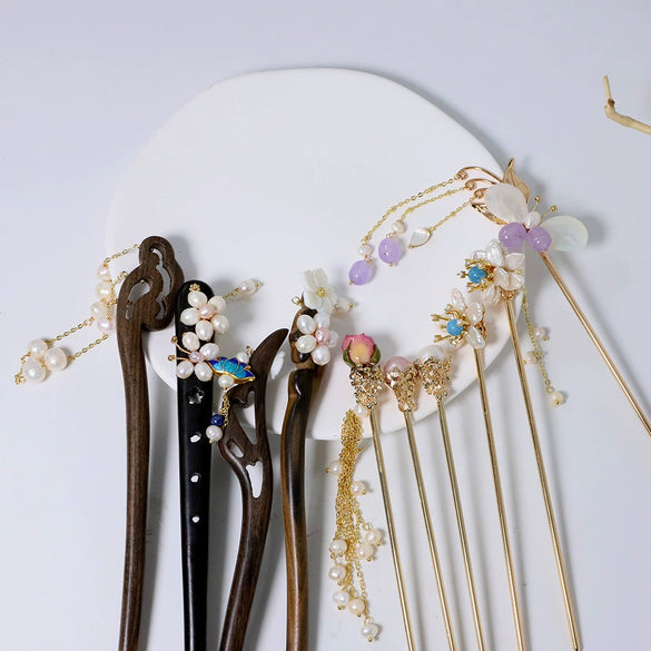 Hairpin Sandalwood Pearl Geometric Retro Handmade
