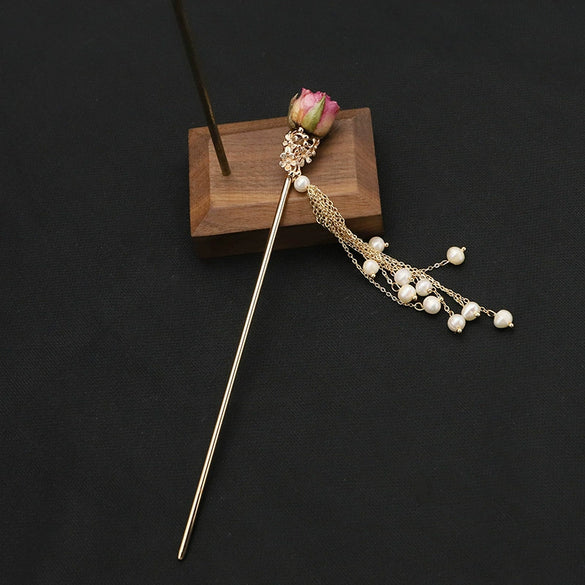 Hairpin Sandalwood Pearl Geometric Retro Handmade