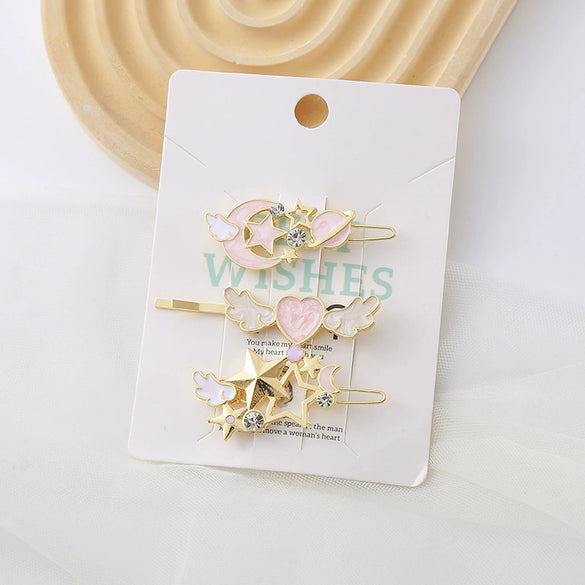 Hairpin Side Clip Metal Inlaid With Gold Starry Sky Wings Design For Girls