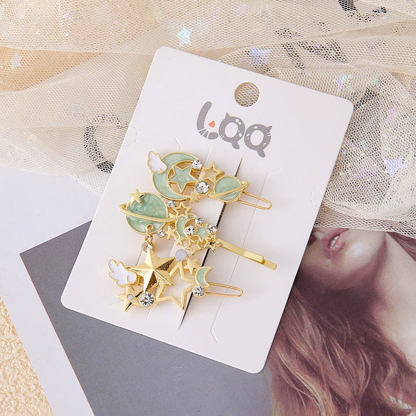 Hairpin Side Clip Metal Inlaid With Gold Starry Sky Wings Design For Girls