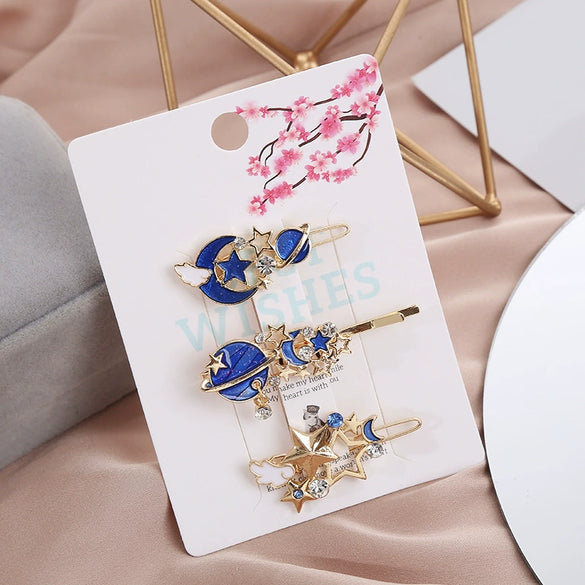 Hairpin Side Clip Metal Inlaid With Gold Starry Sky Wings Design For Girls