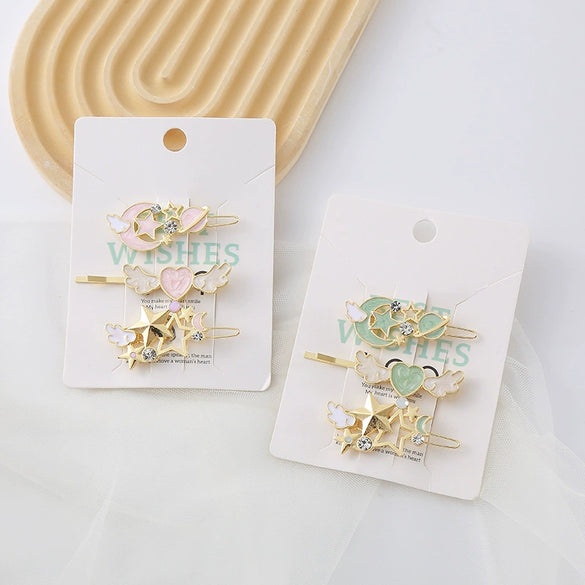 Hairpin Side Clip Metal Inlaid With Gold Starry Sky Wings Design For Girls