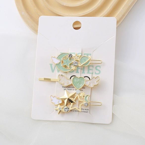Hairpin Side Clip Metal Inlaid With Gold Starry Sky Wings Design For Girls