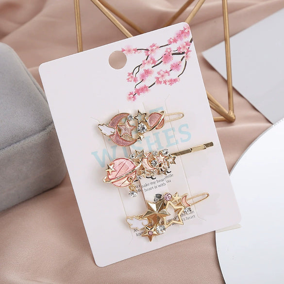 Hairpin Side Clip Metal Inlaid With Gold Starry Sky Wings Design For Girls