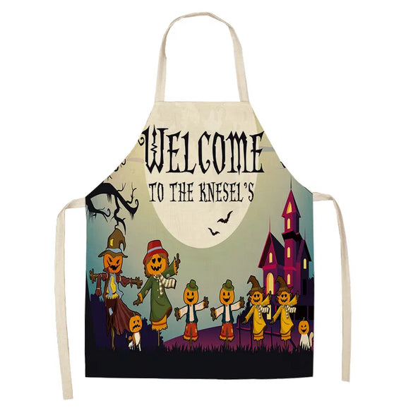 Halloween Apron Cotton Linen Castle Pumpkin Creative Apron Graphic Customization Kitchen Household Oil-Proof Anti-Fouling Apron