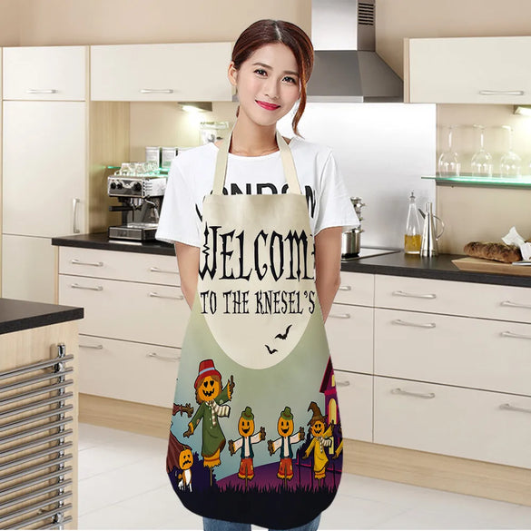 Halloween Apron Cotton Linen Castle Pumpkin Creative Apron Graphic Customization Kitchen Household Oil-Proof Anti-Fouling Apron