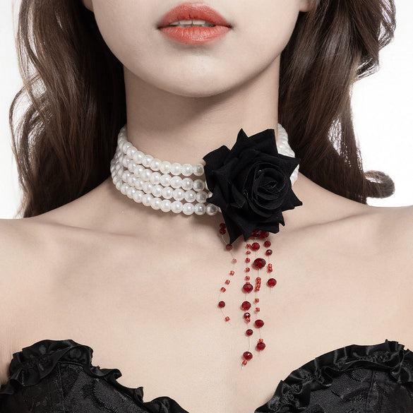 Halloween Dark Style Imitation Pearl Beaded Necklace With Geometric Pattern And Rose Flower Multilayer Tassel Design For Women