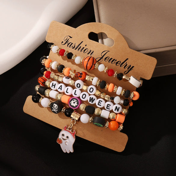 Halloween Funny Skull Rice Bead Bracelet Mixed Material Geometric Pattern Inlaid With Crystal Unisex