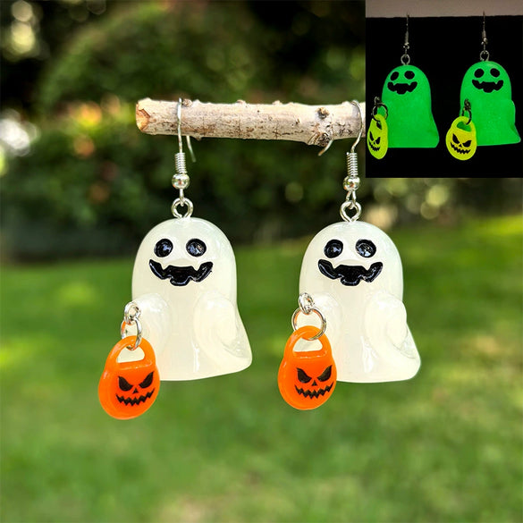 Halloween Luminous Resin Handmade Earrings With Stereo White Ghost Pumpkin Corn Sugar Heart Pendant And Cartoon Characters Pattern