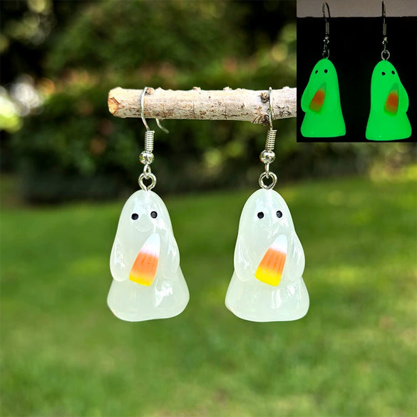 Halloween Luminous Resin Handmade Earrings With Stereo White Ghost Pumpkin Corn Sugar Heart Pendant And Cartoon Characters Pattern