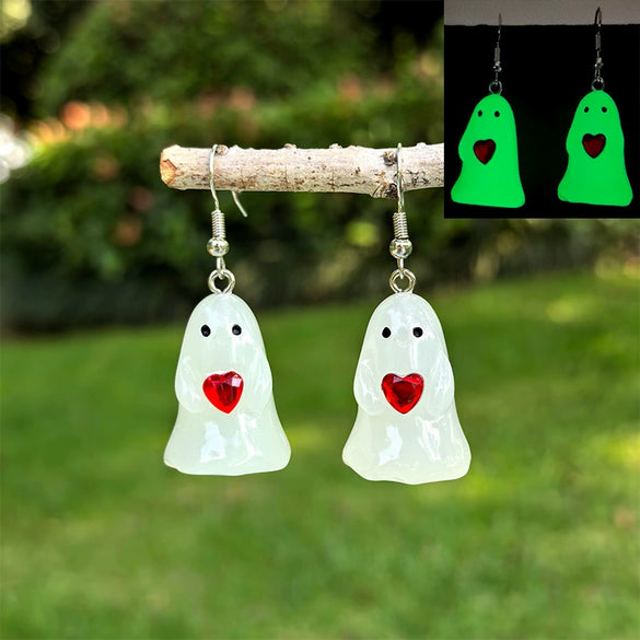Halloween Luminous Resin Handmade Earrings With Stereo White Ghost Pumpkin Corn Sugar Heart Pendant And Cartoon Characters Pattern