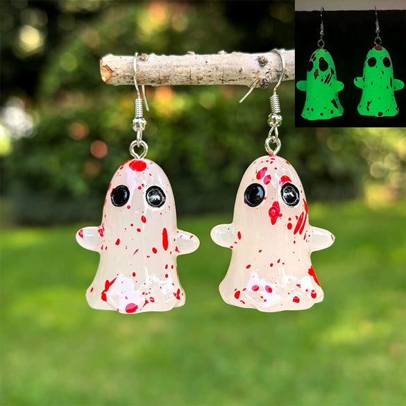 Halloween Luminous Resin Handmade Earrings With Stereo White Ghost Pumpkin Corn Sugar Heart Pendant And Cartoon Characters Pattern