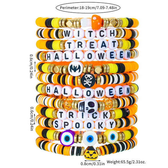 Halloween Multilayer Bat Pumpkin Skull Head Handmade Bracelet With Polymer Clay Flakes Copper Beads Acrylic And Geometric Pattern