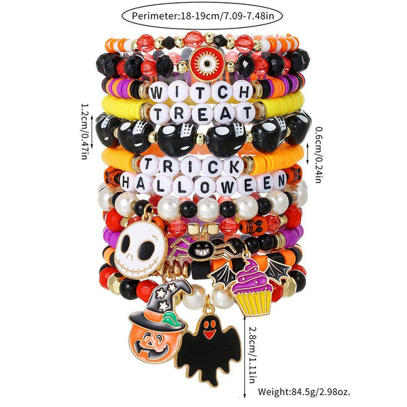 Halloween Multilayer Bat Pumpkin Skull Head Handmade Bracelet With Polymer Clay Flakes Copper Beads Acrylic And Geometric Pattern