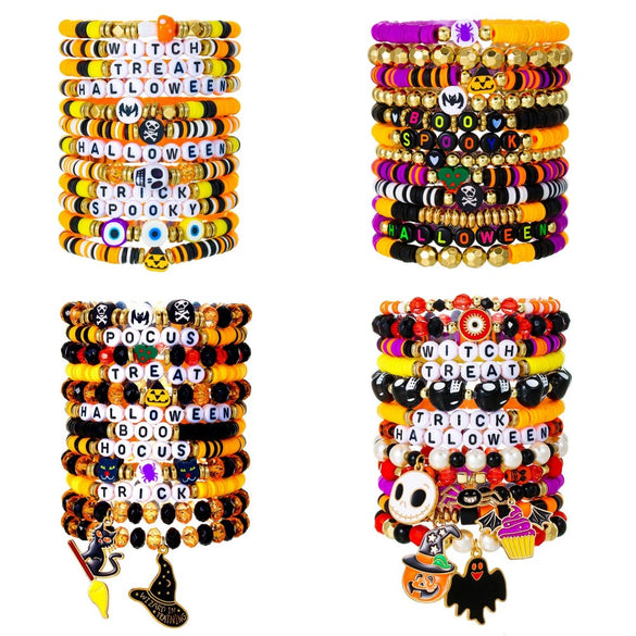 Halloween Multilayer Bat Pumpkin Skull Head Handmade Bracelet With Polymer Clay Flakes Copper Beads Acrylic And Geometric Pattern