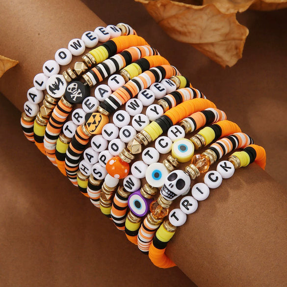 Halloween Multilayer Bat Pumpkin Skull Head Handmade Bracelet With Polymer Clay Flakes Copper Beads Acrylic And Geometric Pattern