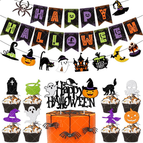 Halloween Paper Pull Flag And Cake Plugin Decoration With Ghost And Witch Elements