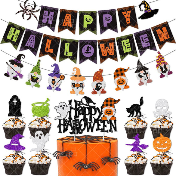 Halloween Paper Pull Flag And Cake Plugin Decoration With Ghost And Witch Elements