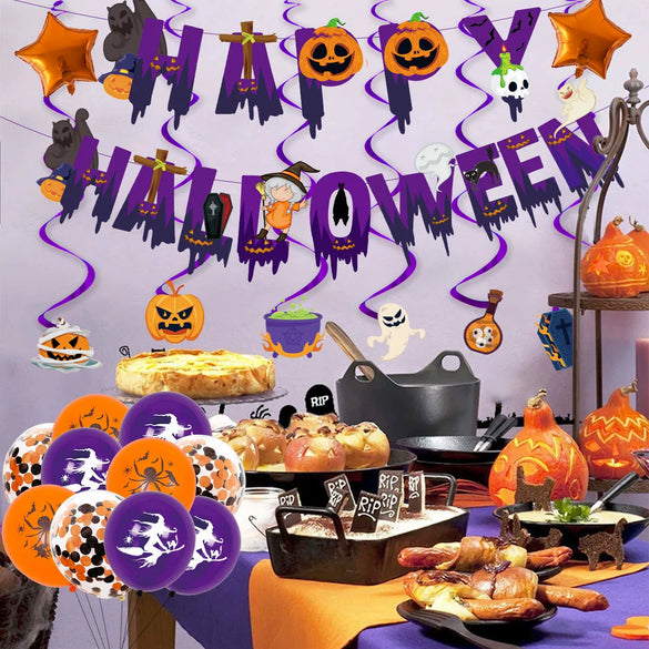 Halloween Party Decoration Aluminum Film And Latex Balloon Suit With Skull Pumpkin Candy Spider Design Round Shape