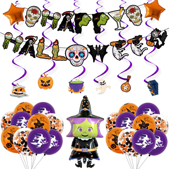 Halloween Party Decoration Aluminum Film And Latex Balloon Suit With Skull Pumpkin Candy Spider Design Round Shape