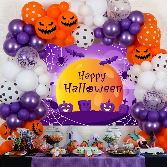 Halloween Round Latex Balloon Party Decoration With Rain Silk Curtain Arrangement And Print