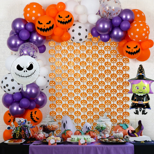 Halloween Round Latex Balloon Party Decoration With Rain Silk Curtain Arrangement And Print