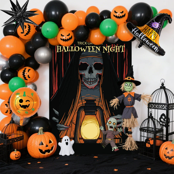 Halloween Series Black Orange Party Balloon Set With Round Latex Balloons And Halloween Background Cloth Theme Decoration