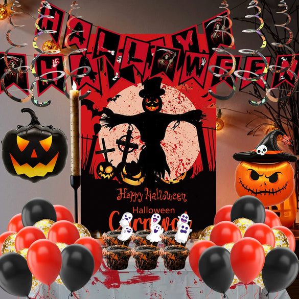 Halloween Series Theme Party Balloon Set With Black And Red Death Fish Tail Flag