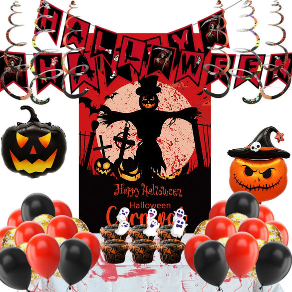 Halloween Series Theme Party Balloon Set With Black And Red Death Fish Tail Flag