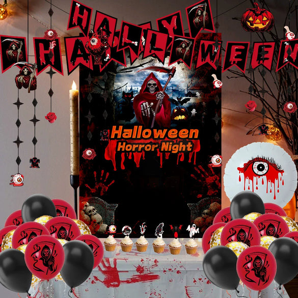 Halloween Series Theme Party Balloon Set With Black And Red Death Fish Tail Flag