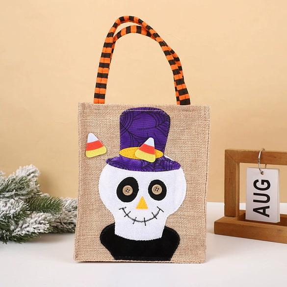 Halloween Square Imitation Linen Tote Bag With Cartoon Pumpkin Witch Pattern