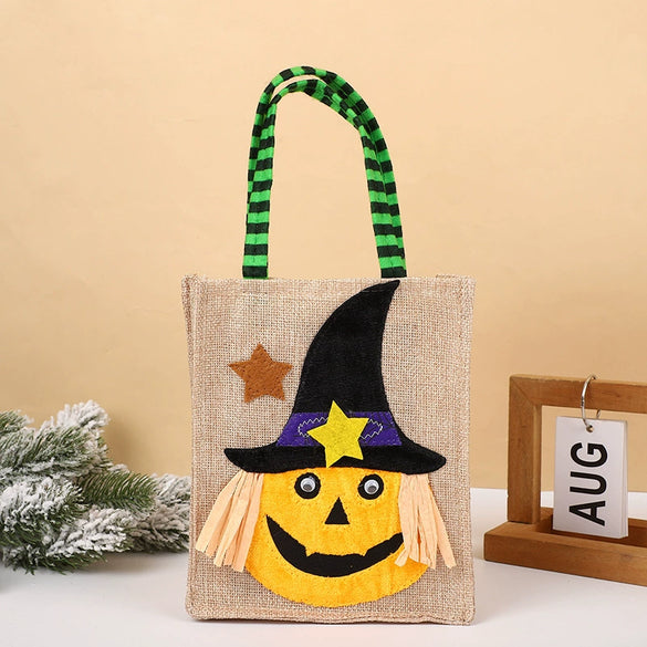 Halloween Square Imitation Linen Tote Bag With Cartoon Pumpkin Witch Pattern