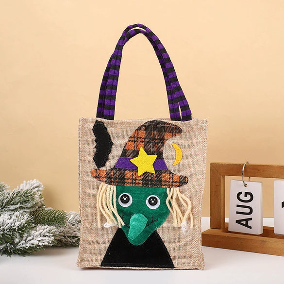 Halloween Square Imitation Linen Tote Bag With Cartoon Pumpkin Witch Pattern