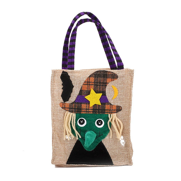 Halloween Square Imitation Linen Tote Bag With Cartoon Pumpkin Witch Pattern